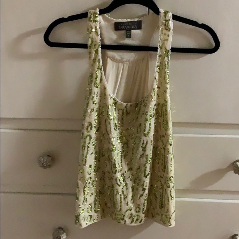 cream and green sequin blouse